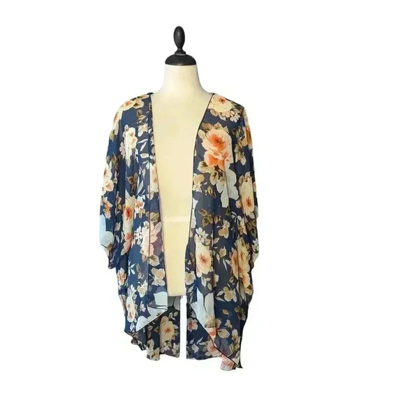 emory park Tops - Emory Park Women's Blue Floral Sheer Kimono Shawl Size XXL Short Sleeve